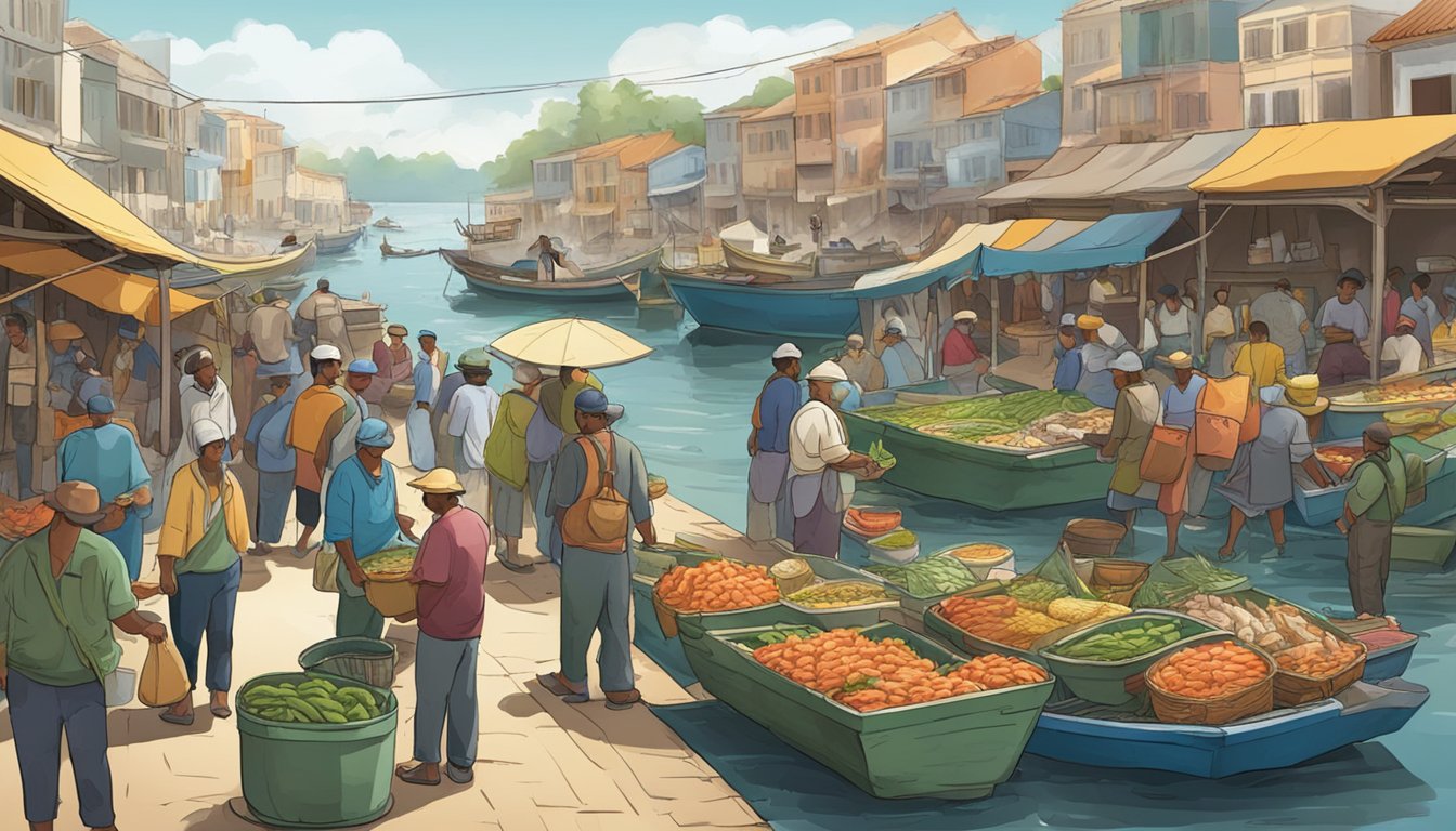 A bustling fish market with colorful boats, fishermen unloading their catch, and locals exchanging stories and recipes