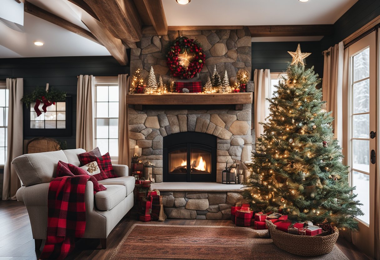 A cozy cabin living room with a stone fireplace, adorned with buffalo plaid stockings and rustic Christmas decor