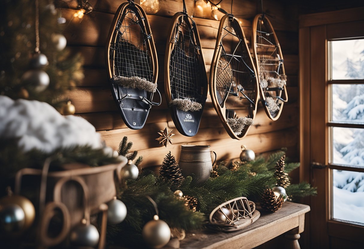 A cozy cabin interior with a rustic display of vintage snowshoes among other Christmas decorations