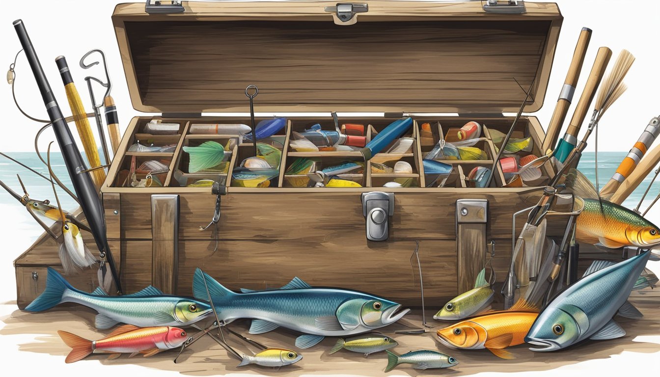 A rustic fishing tackle box sits open on a weathered dock, surrounded by scattered lures, bobbers, and a well-worn fishing rod