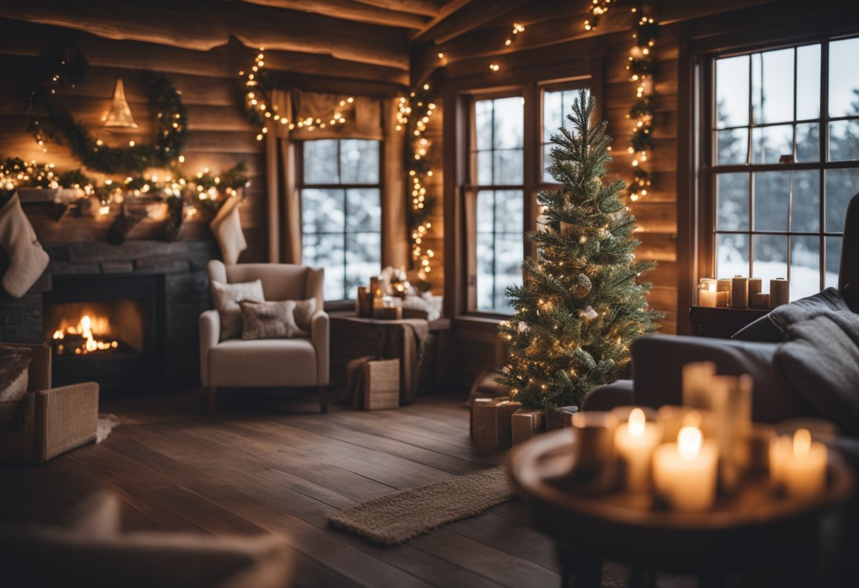 A cozy cabin adorned with pinecone garlands, twinkling lights, and festive decor for a rustic Christmas ambiance