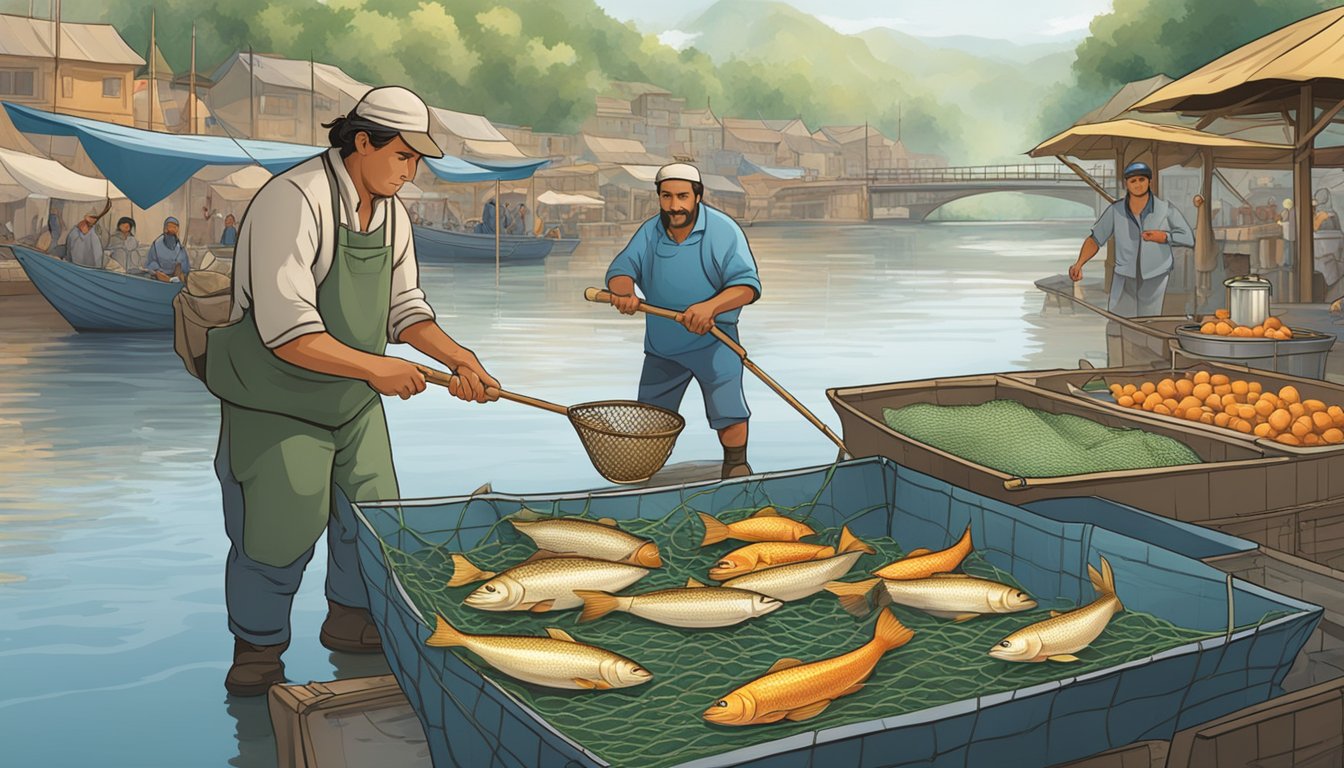 A fisherman casting a net into a tranquil river, with a bustling fish market and a chef preparing a dish in the background