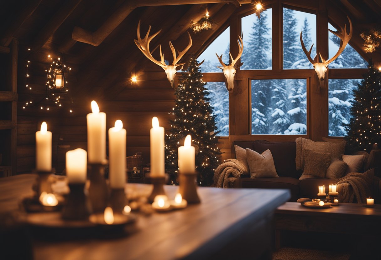 A cozy cabin adorned with antler candle holders, rustic Christmas decor, and warm lighting