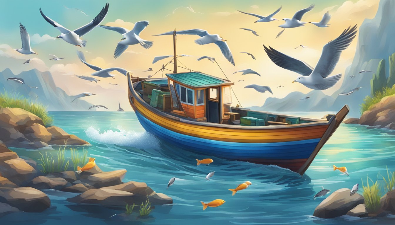 A colorful fishing boat on a serene coastal water, surrounded by seagulls and a variety of fish jumping out of the water