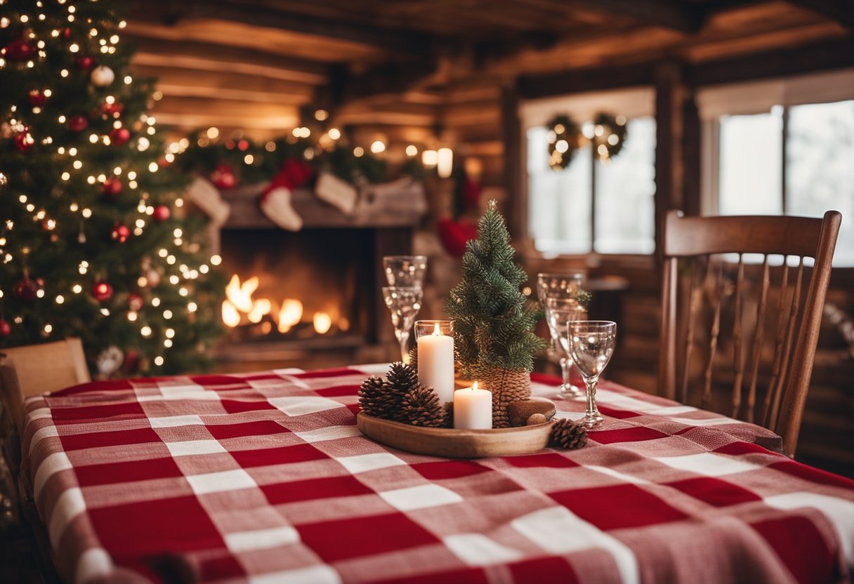 A cozy cabin interior with a red and white checkered tablecloth surrounded by rustic Christmas decor