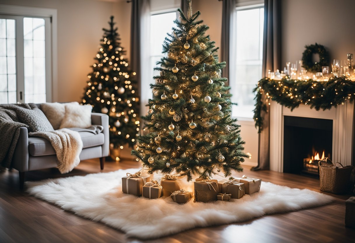 A cozy cabin living room with a faux fur tree skirt under a beautifully decorated Christmas tree