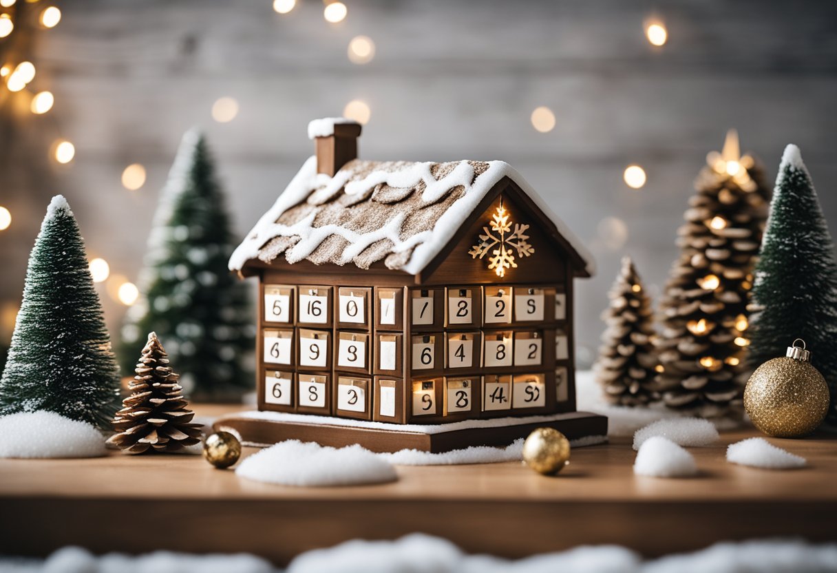 An advent calendar with 16 cabin-themed Christmas decor ideas, including cozy cabins, snow-covered trees, and festive wreaths