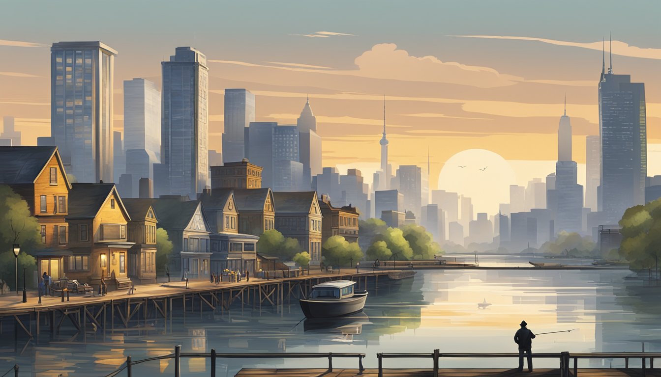 A bustling city skyline overlooks a calm urban river, where a lone angler casts their line from a weathered dock