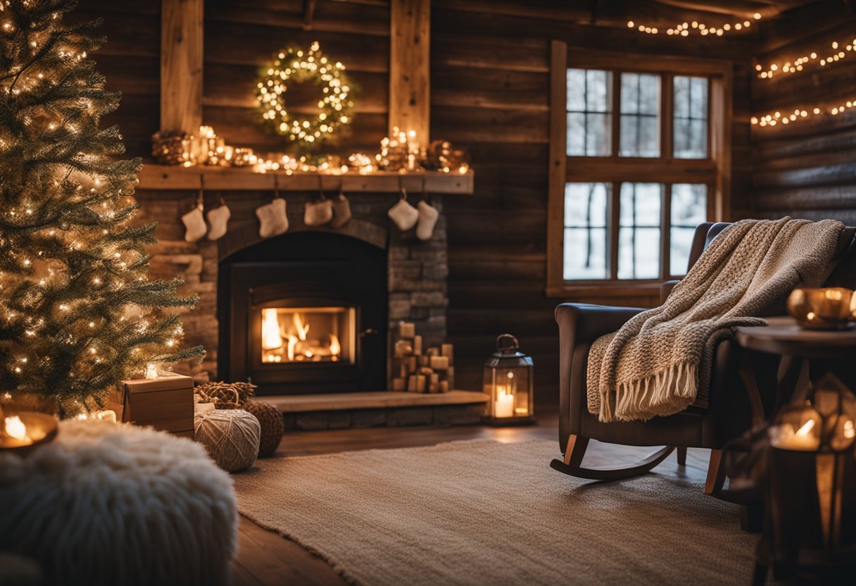 A cozy cabin living room with a crackling fire, adorned with a festive wool throw blanket in seasonal colors, surrounded by rustic Christmas decor