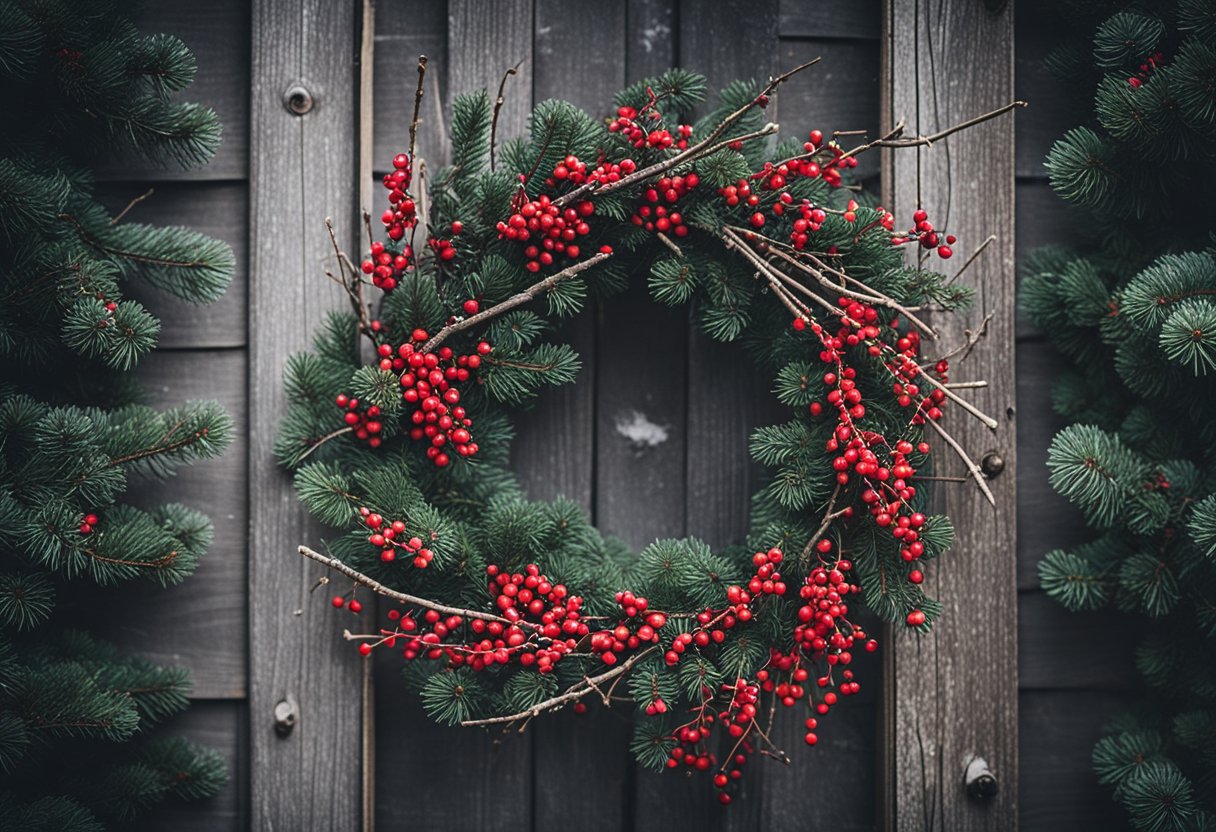 A rustic twig wreath adorned with red berries hangs on a wooden cabin door. Snow dusts the ground, and pine trees frame the cozy holiday scene