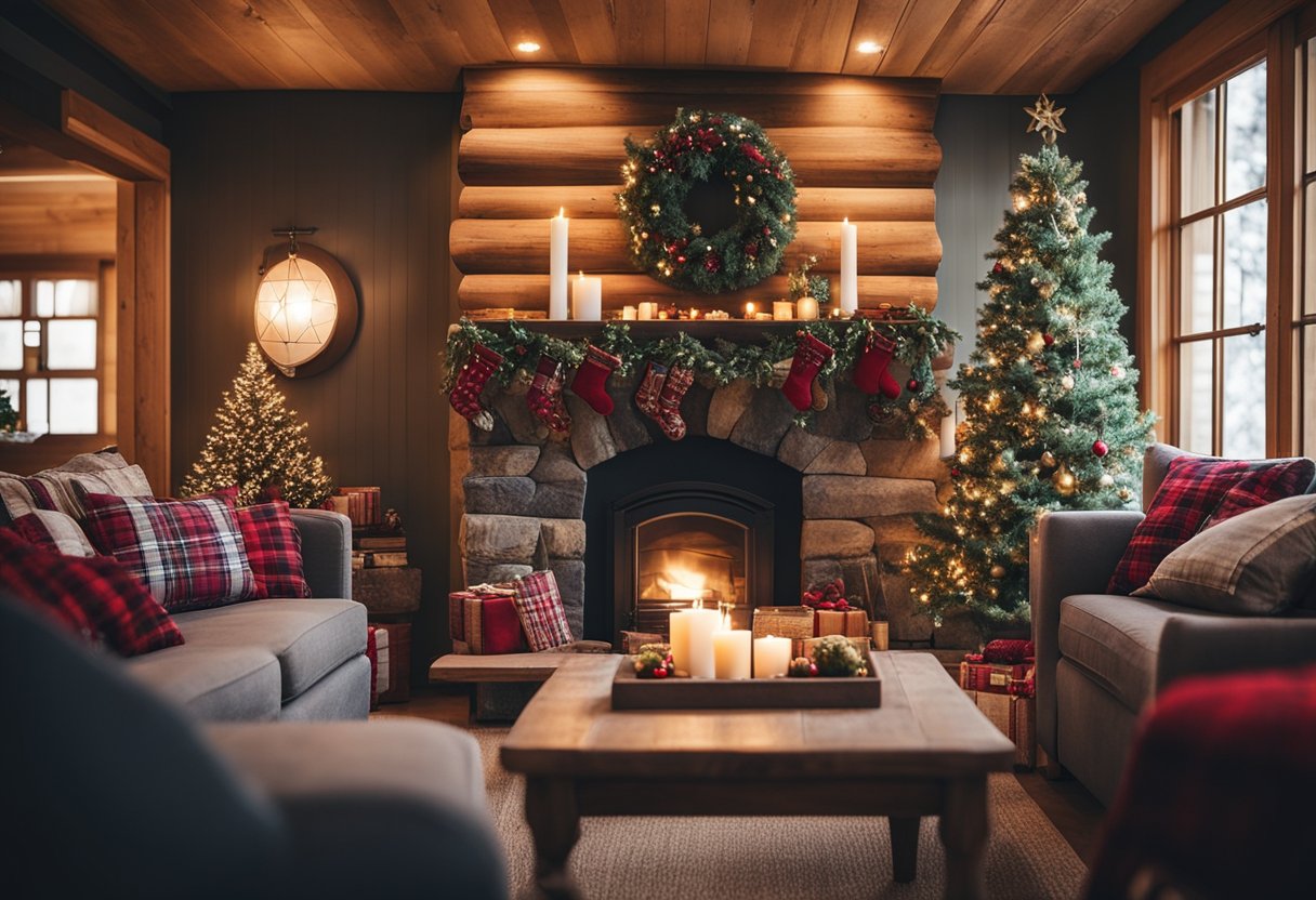 Cozy cabin interior with plaid cushion covers on wooden furniture, adorned with Christmas decor like garlands, wreaths, and twinkling lights