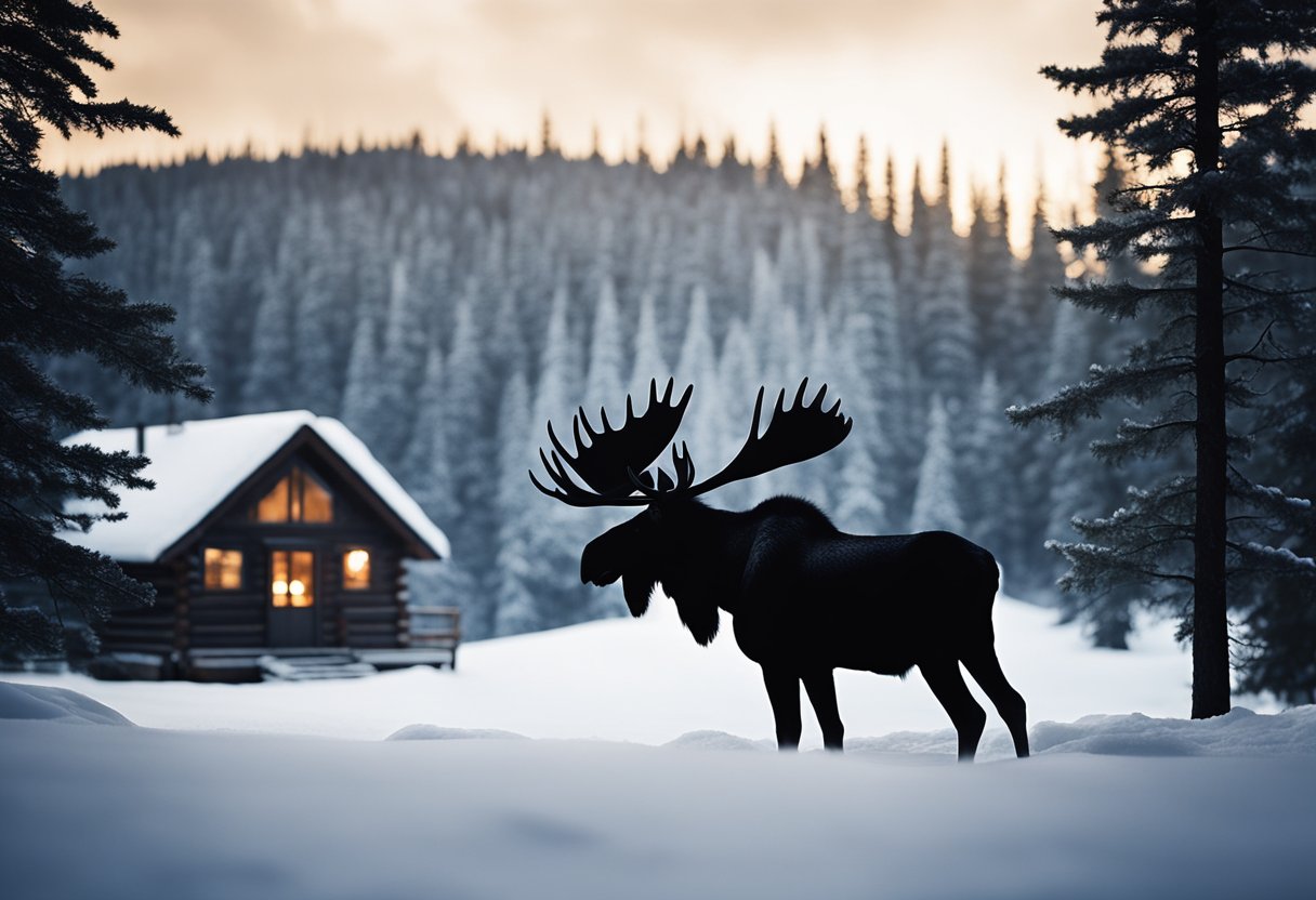 A lone moose silhouette against a snowy forest backdrop, with a cozy cabin nestled in the background