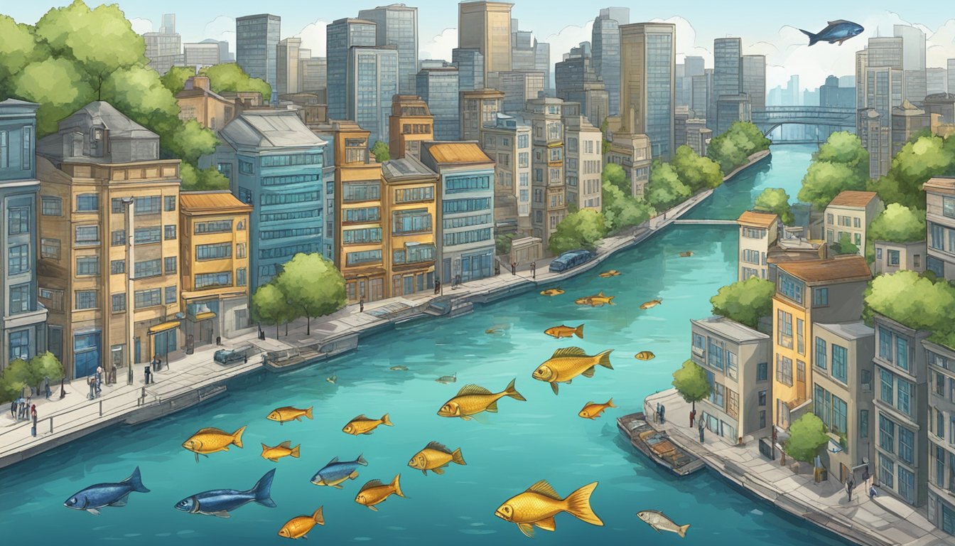 A bustling cityscape with a river or lake filled with various fish species swimming among the urban buildings and infrastructure