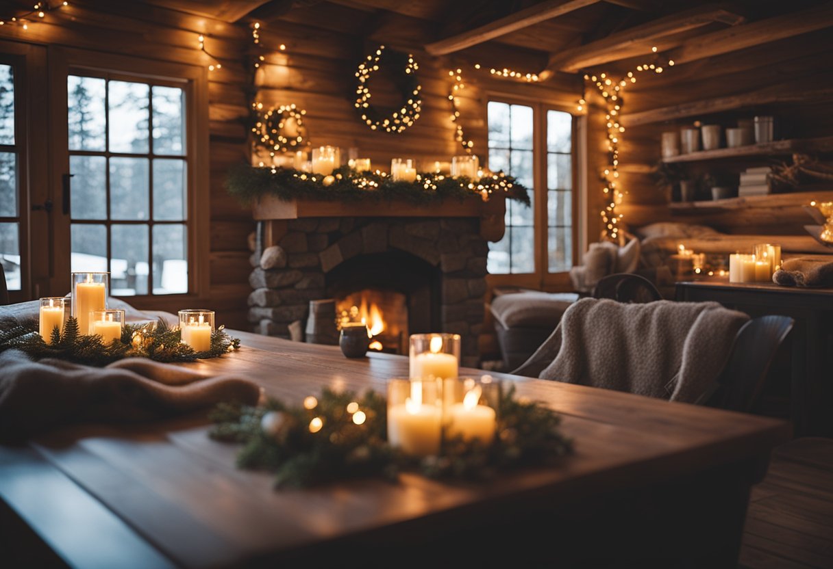 A cozy cabin adorned with holiday scented candles, rustic Christmas decor, and warm lighting