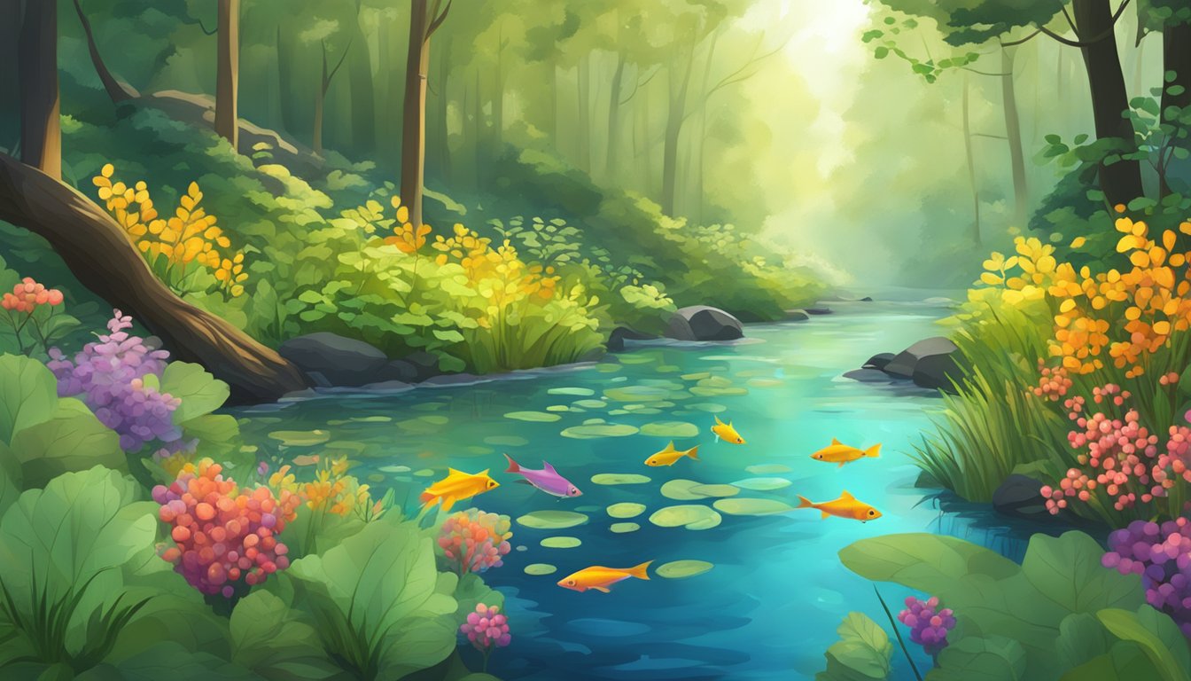 A serene forest stream with fish swimming among colorful aquatic plants and edible wild berries growing on the banks