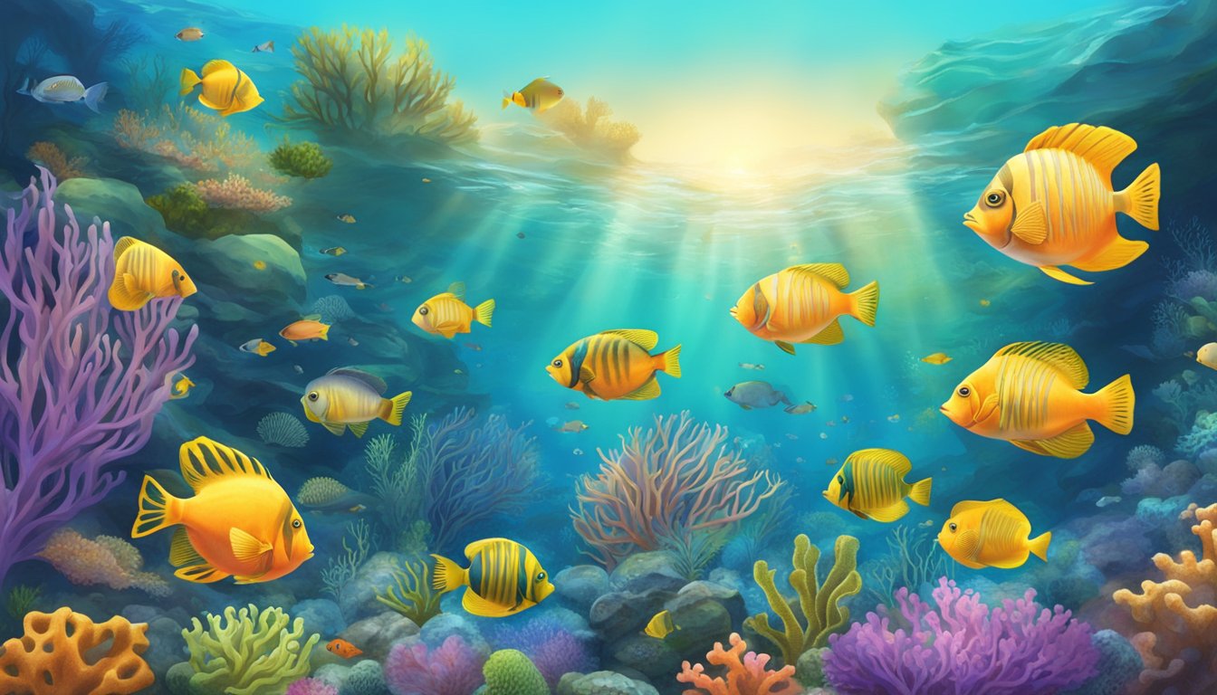 A serene underwater scene with various fish swimming among colorful coral reefs and seaweed, showcasing the diverse habitats that affect fish taste