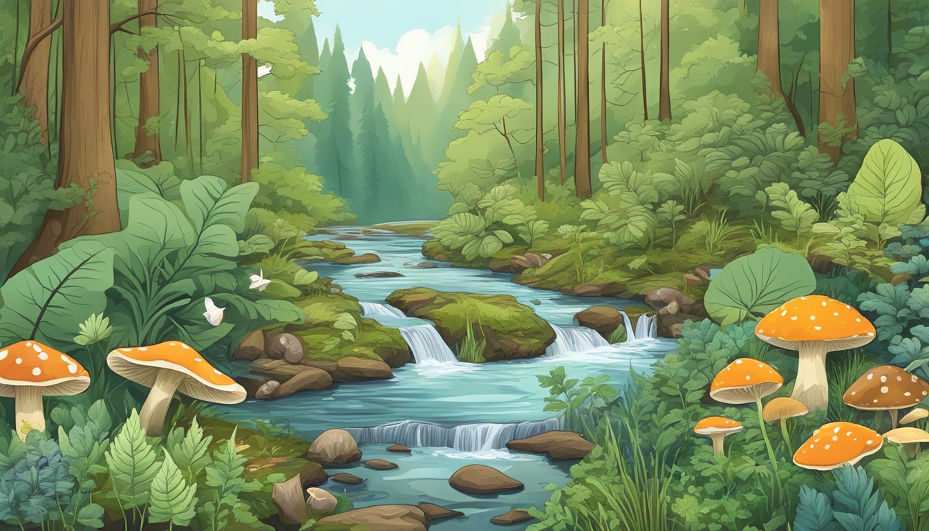 A lush forest with various edible plants and mushrooms, a flowing stream with fish, and a guidebook on foraging and fishing safety