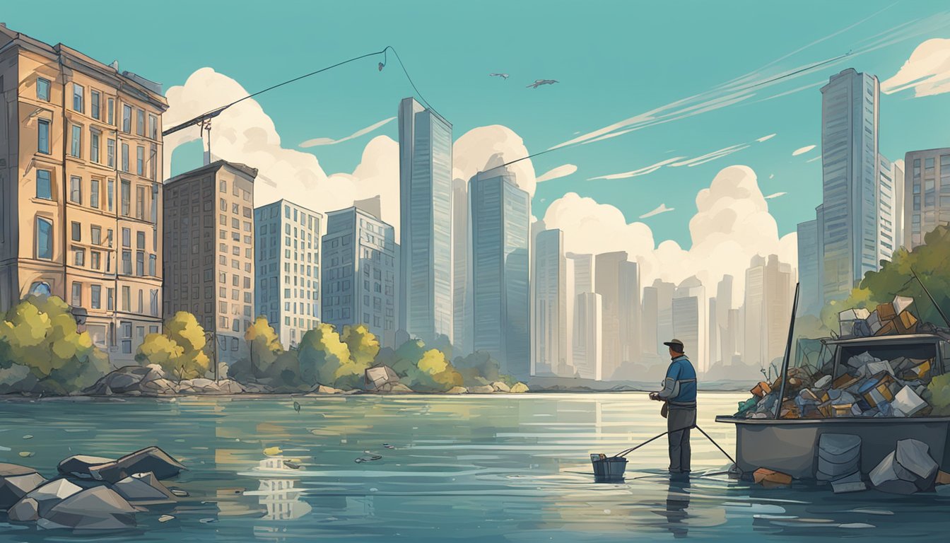 A person fishing in a city river with tall buildings in the background. Trash and debris float in the water, but the person manages to catch a fish