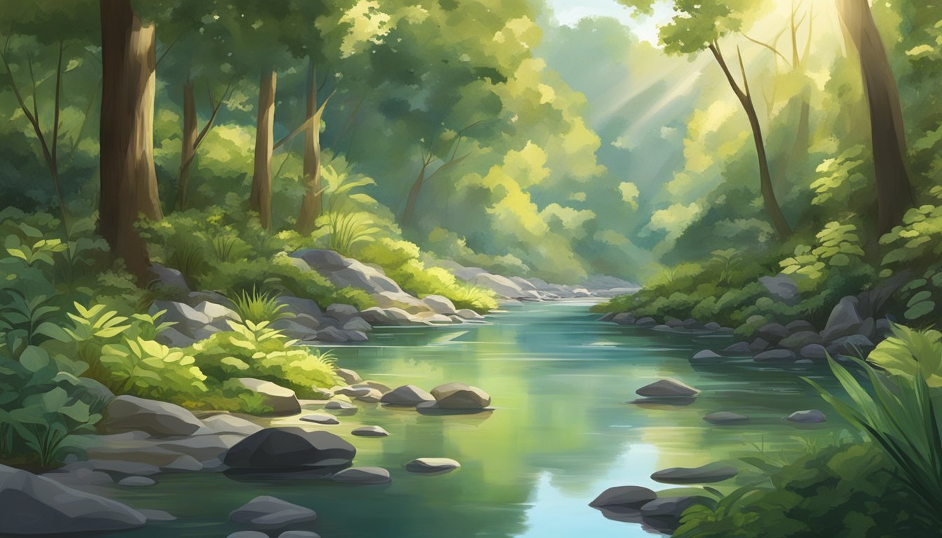 A serene river flowing through a lush forest, with various types of aquatic plants and rocks scattered along the riverbed. Sunlight filters through the trees, creating dappled patterns on the water's surface