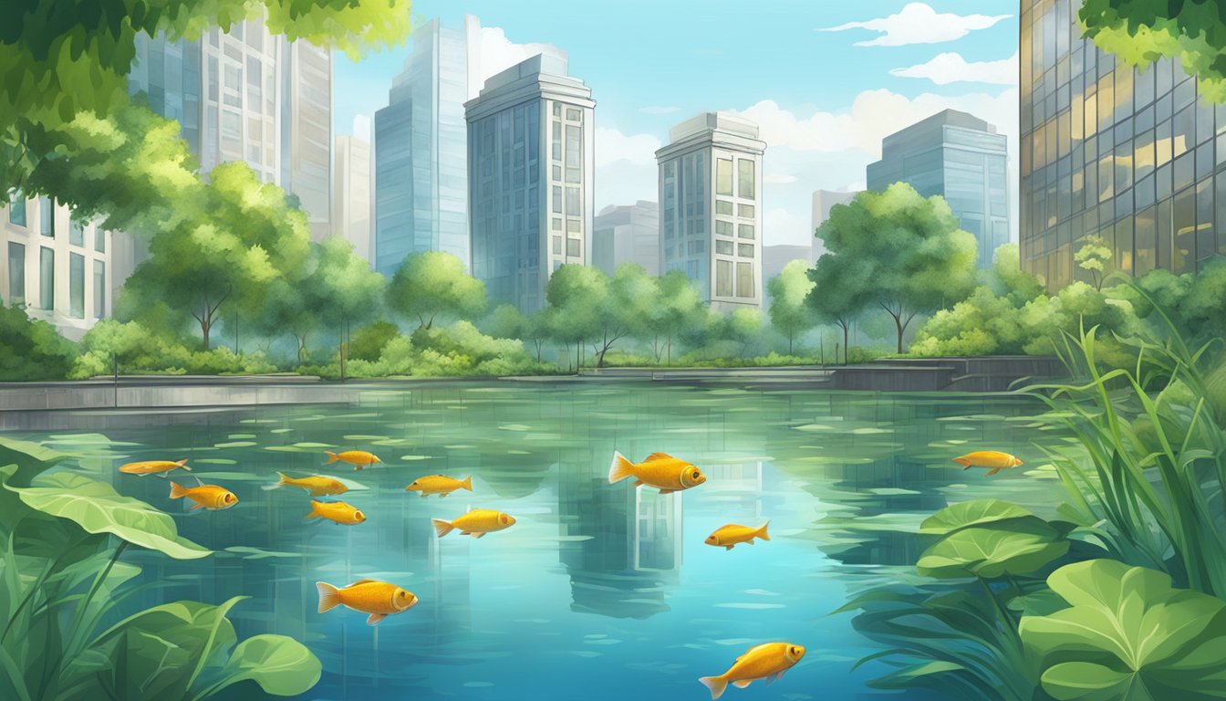 A serene city pond with clear water, surrounded by tall buildings and lush greenery. Fish swim among submerged plants, creating a thriving urban habitat