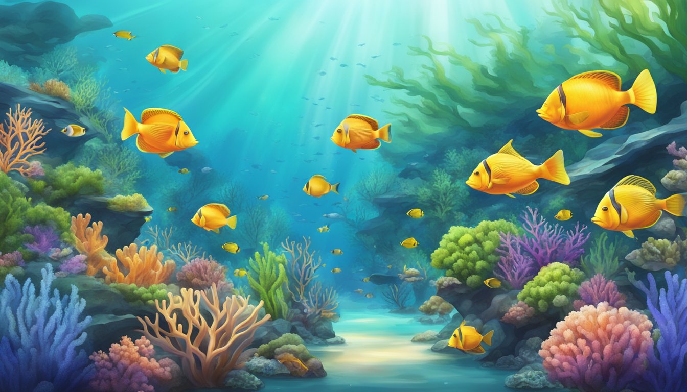 A coral reef with colorful fish swimming in clear water, surrounded by lush green vegetation and rocks