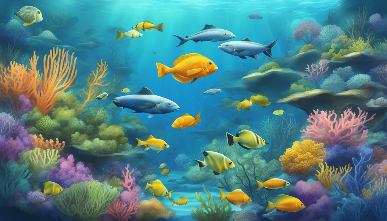 A serene underwater scene with various fish species swimming among coral reefs and seaweed, showcasing the diverse habitats that influence their taste