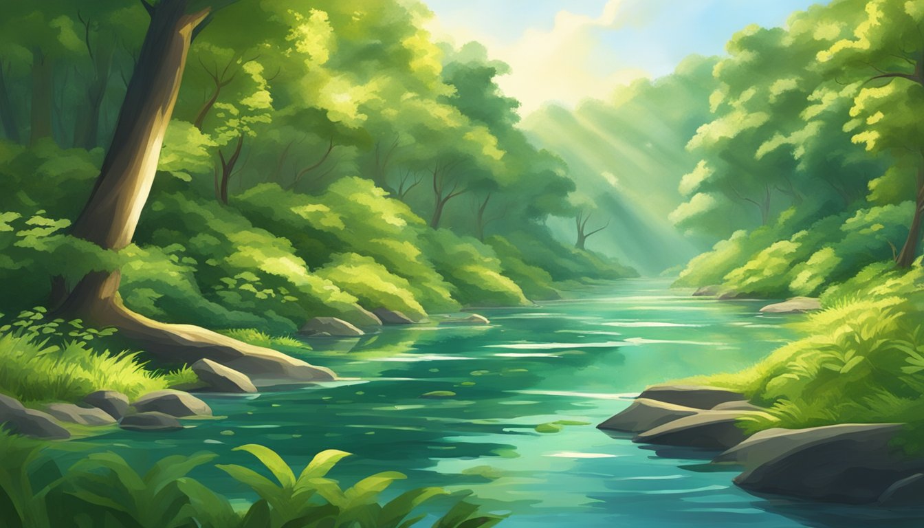 A serene river flowing through lush green forests, with various types of fish swimming in the clear water. Sunlight filters through the trees, creating dappled patterns on the river's surface