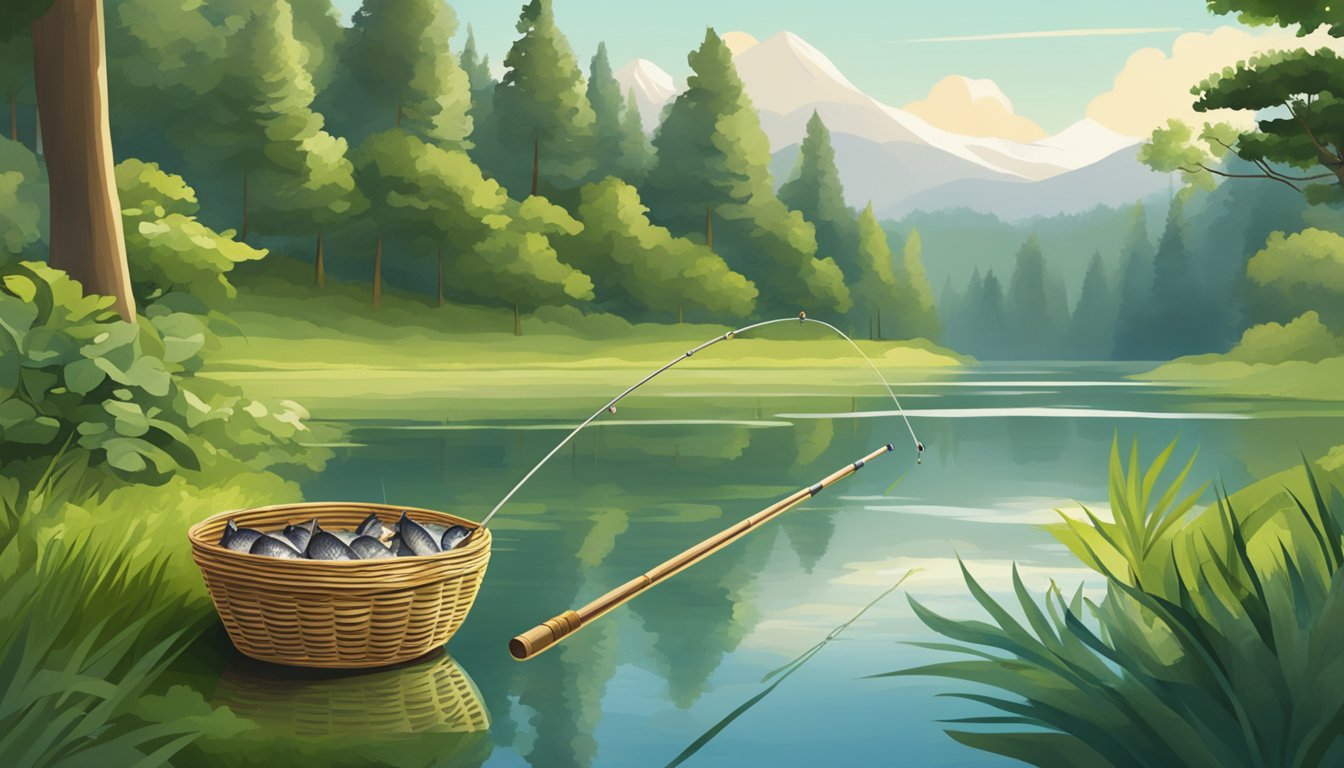 A tranquil lake surrounded by lush greenery, with a fishing rod and basket of fresh fish in the foreground