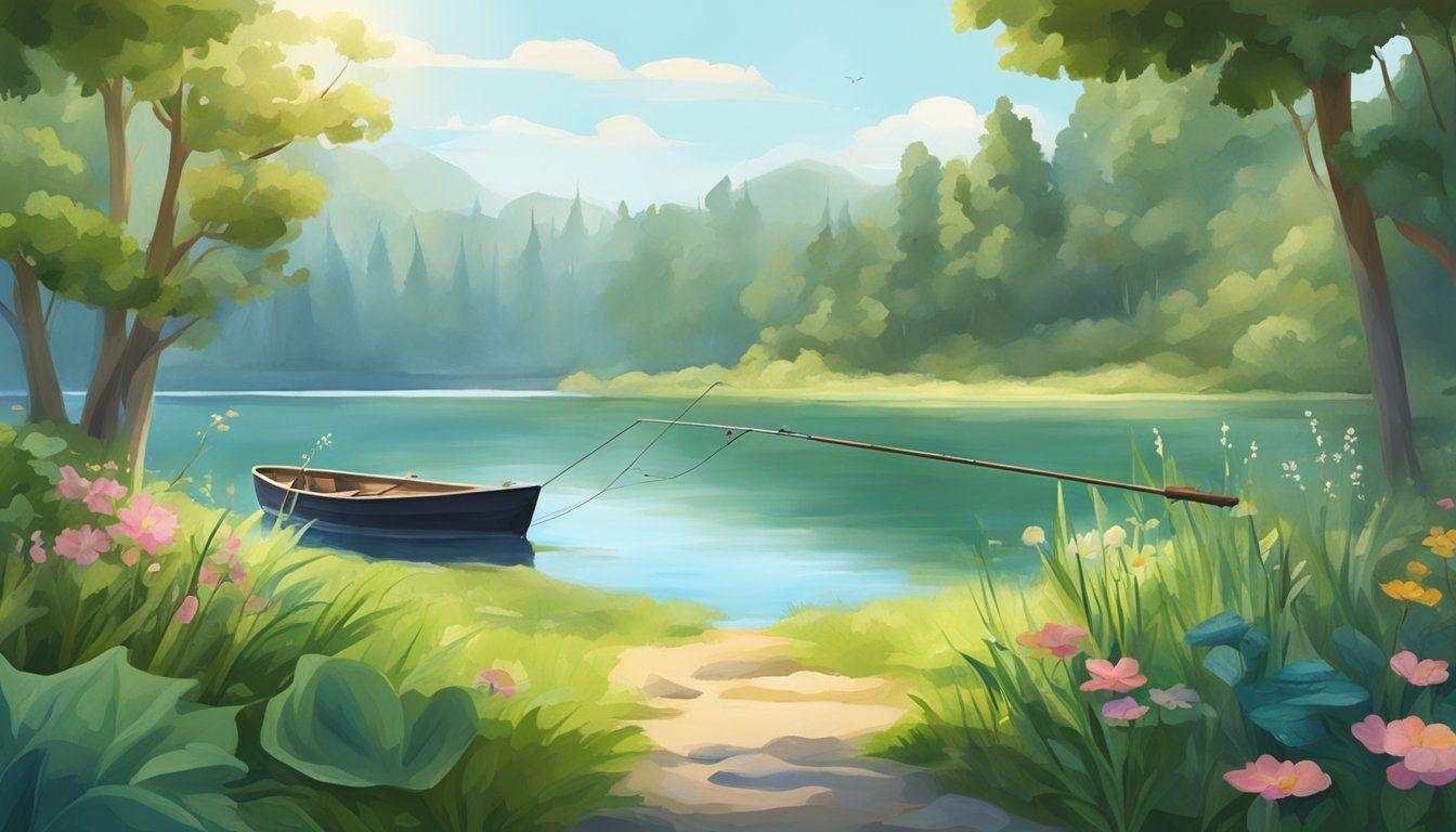 A serene lake surrounded by lush greenery, with a fishing rod and edible plants nearby