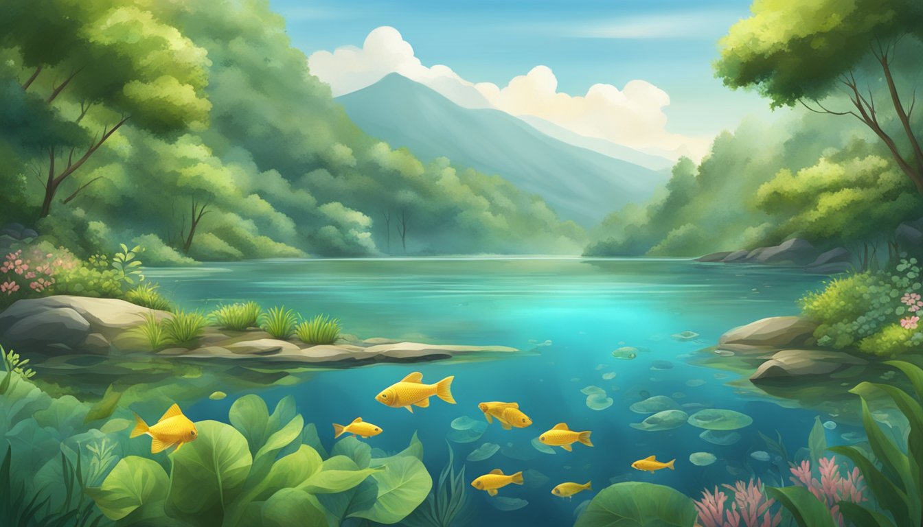 A serene lake surrounded by lush greenery, with a variety of fish swimming in the clear water, showcasing different habitats affecting fish taste