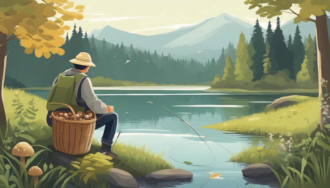 A person holding a basket of foraged mushrooms and fishing gear near a tranquil lake surrounded by lush greenery