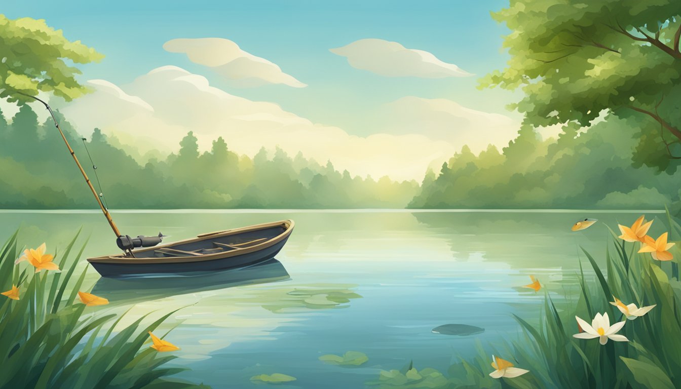 A serene lake surrounded by lush greenery, with a fishing rod and a basket of freshly caught fish on the shore