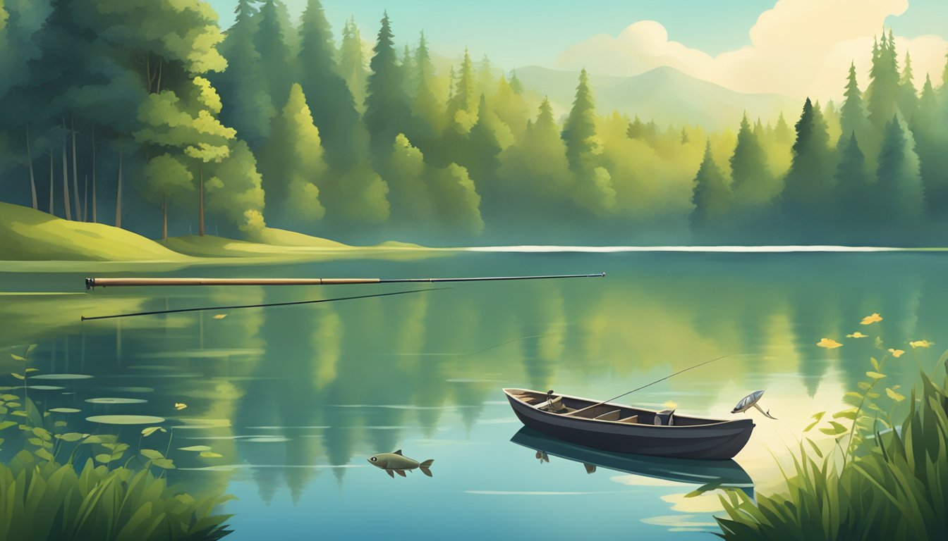 A serene lake surrounded by lush greenery, with a fishing rod and a freshly caught fish lying on the shore