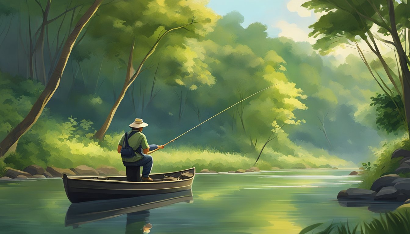 A serene riverbank with lush vegetation and clear water, where a fisherman patiently waits with a simple rod and reel. The surrounding landscape reflects the harmony between nature and traditional fishing practices