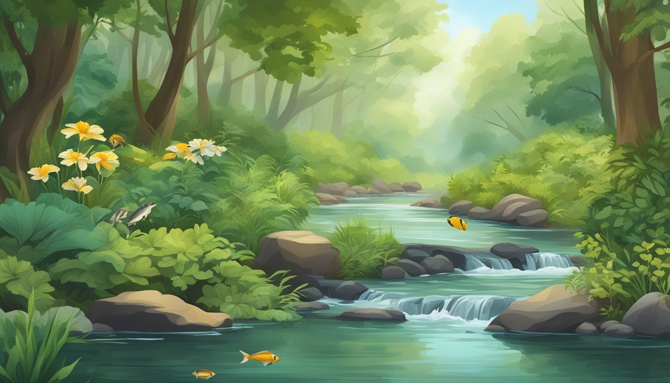 A serene forest stream with a variety of edible fish swimming in clear water, surrounded by lush greenery and wild edible plants