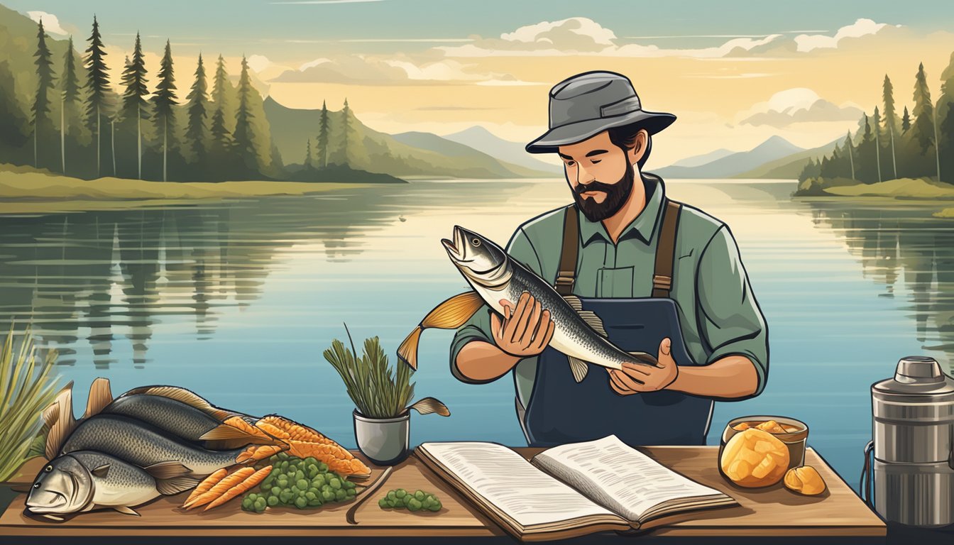 A fisherman holding a freshly caught fish with a scenic backdrop of a river or lake, surrounded by fishing gear and a cookbook open to a regional recipe