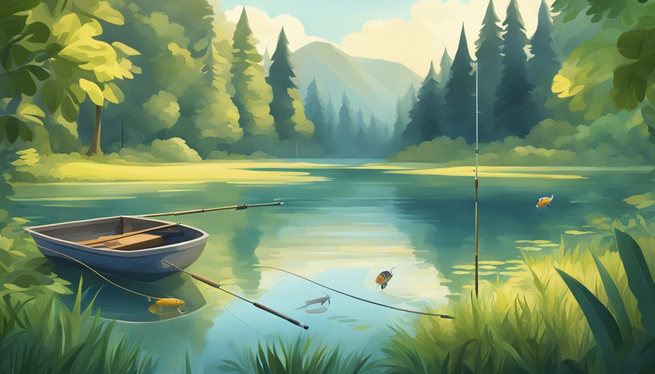 A serene lake surrounded by lush greenery, with a fishing rod and a freshly caught fish lying on the shore