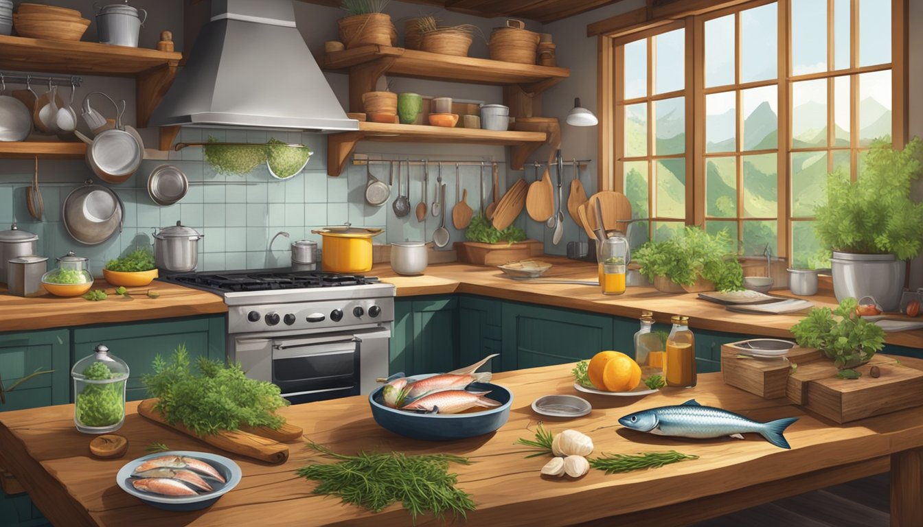 A rustic kitchen with a wooden table set with fresh fish, herbs, and regional ingredients. A cookbook and fishing gear are scattered around