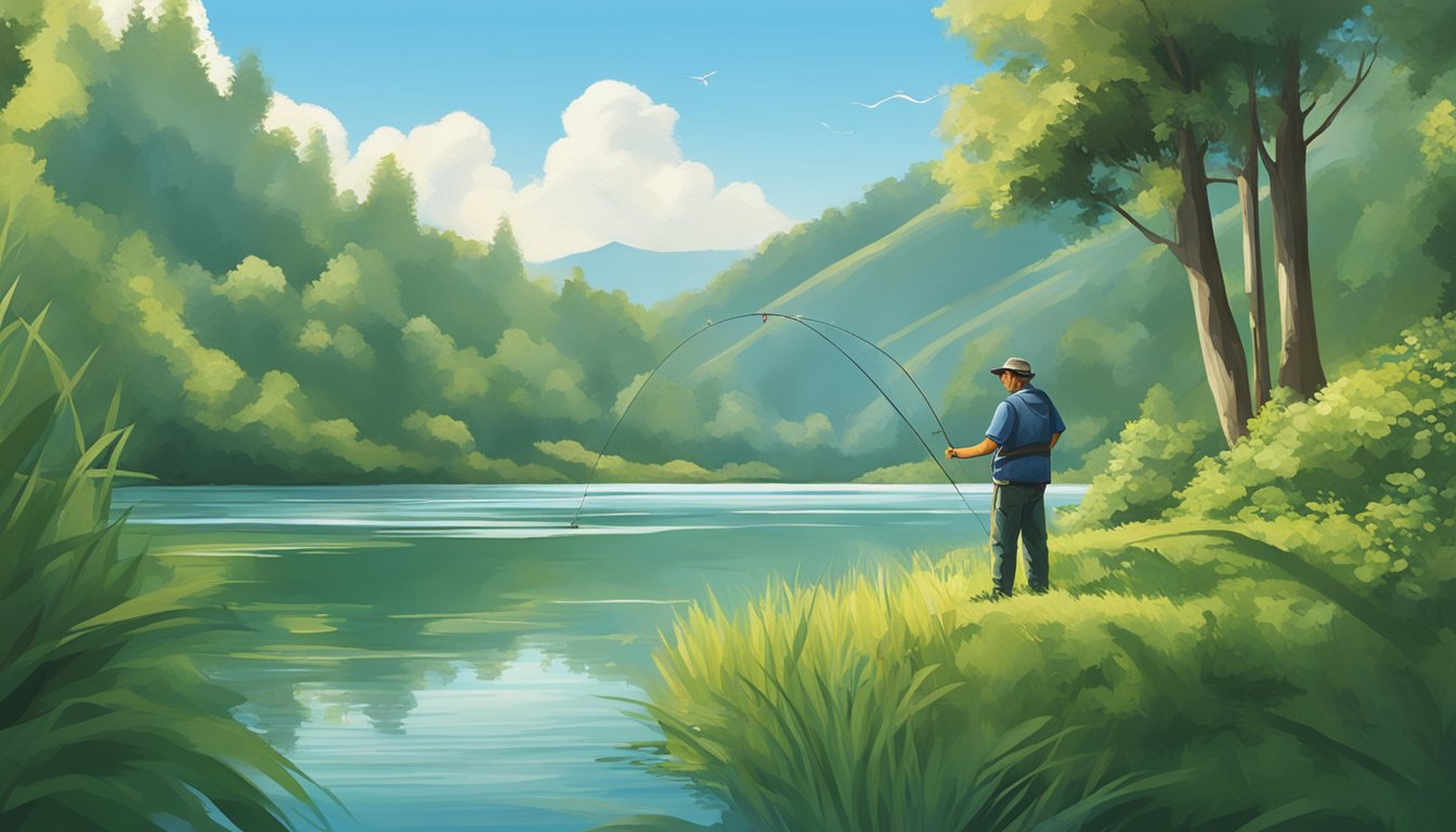 A fisherman casting a line into a tranquil lake surrounded by lush greenery and a clear blue sky