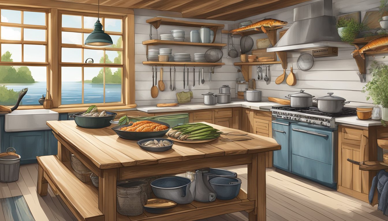 A rustic kitchen with fishing gear, fresh seafood, and a cookbook open to regional fish recipes