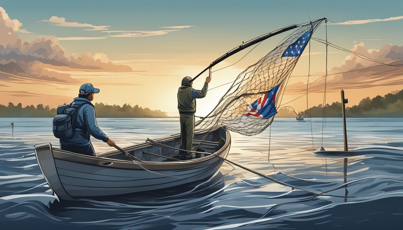 A fisherman casting a net from a modern boat, surrounded by traditional and electronic fishing tools, with the American flag flying in the background