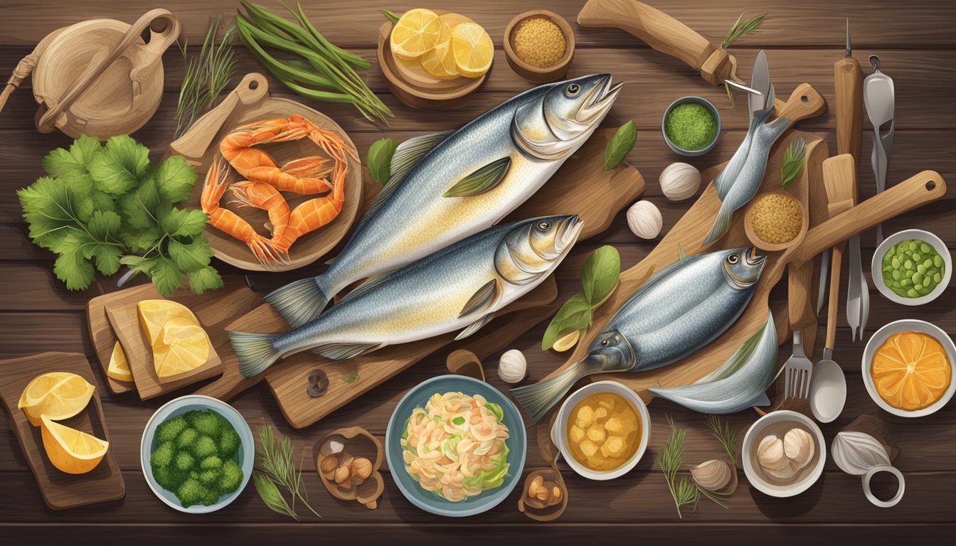 A rustic kitchen with a fisherman's catch laid out on a wooden table, surrounded by regional ingredients and cooking utensils