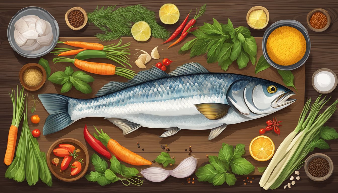 A rustic wooden table with a variety of freshly caught fish, colorful vegetables, and regional spices arranged for cooking