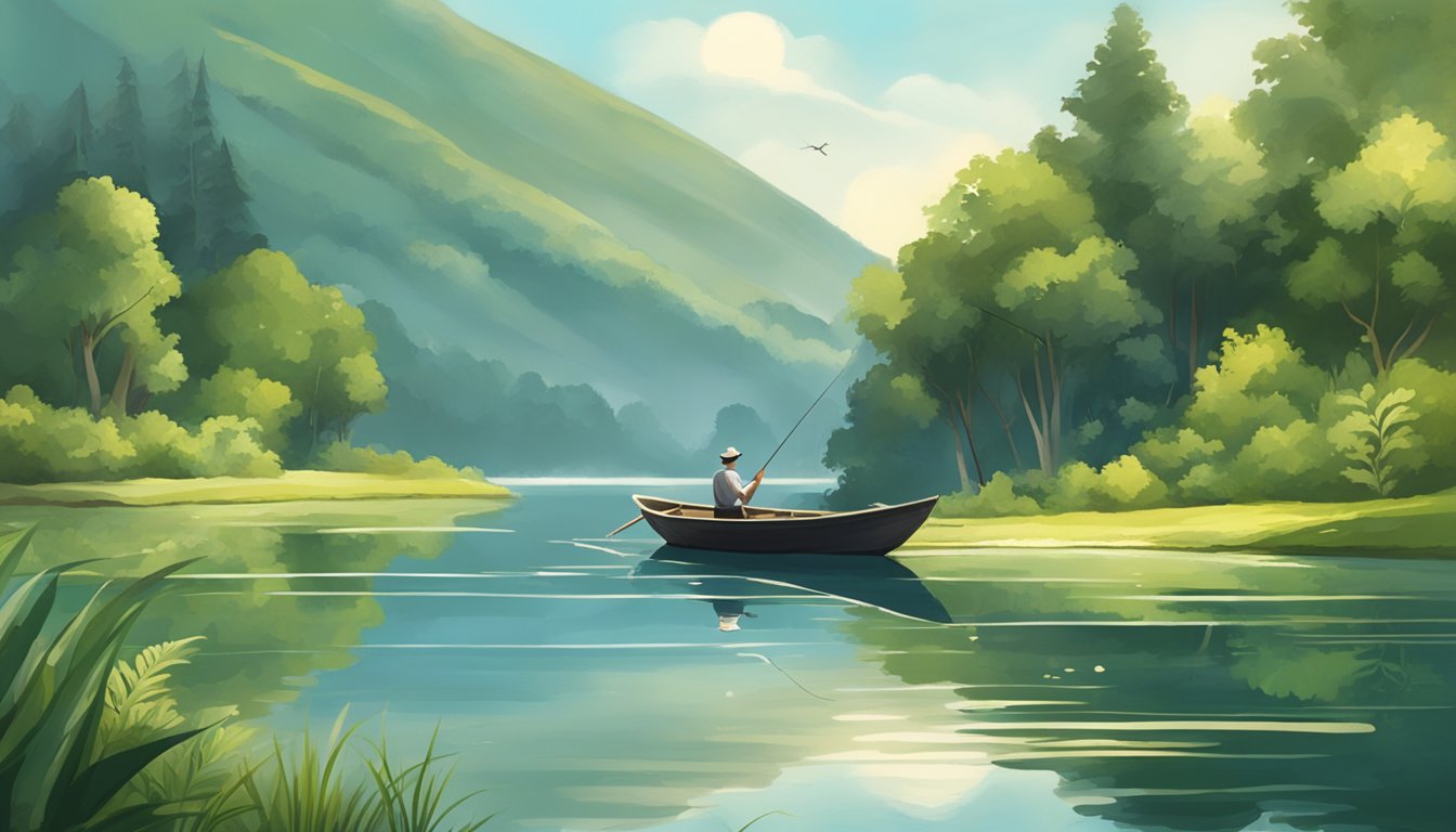 A serene lakeside scene with a person fishing from a small boat, surrounded by lush greenery and wildlife