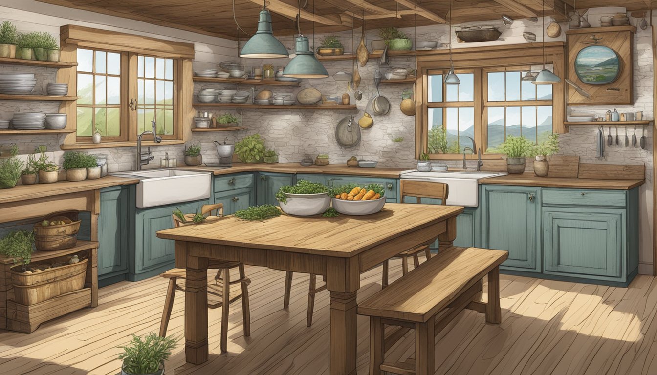 A rustic kitchen with a wooden table covered in fresh fish, herbs, and regional ingredients. A map of fishing locations hangs on the wall