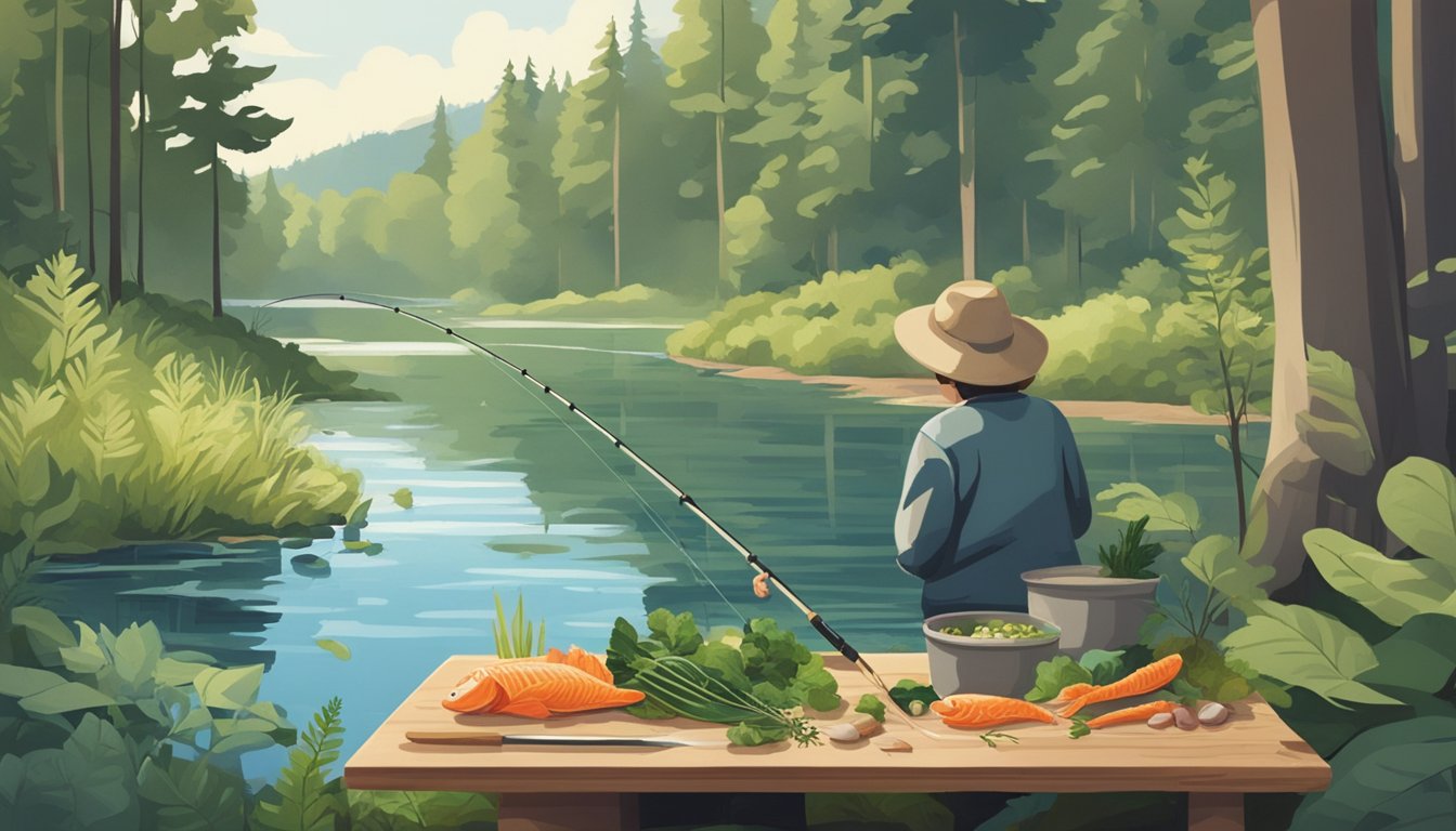 A person fishing by a serene lake, surrounded by lush greenery and wild edibles. The catch of the day sits on a wooden cutting board, ready to be paired with foraged ingredients