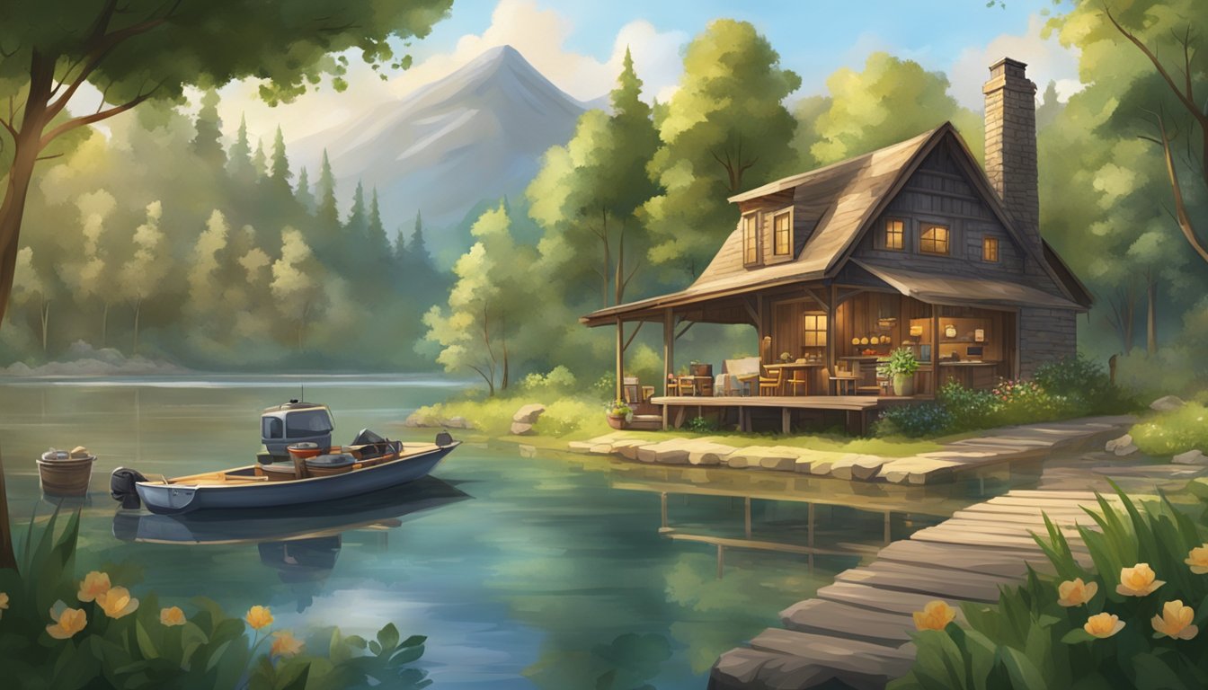 A rustic fishing lodge with a cozy kitchen, surrounded by lush greenery and a serene lake, where fresh ingredients are being prepared for a delicious meal