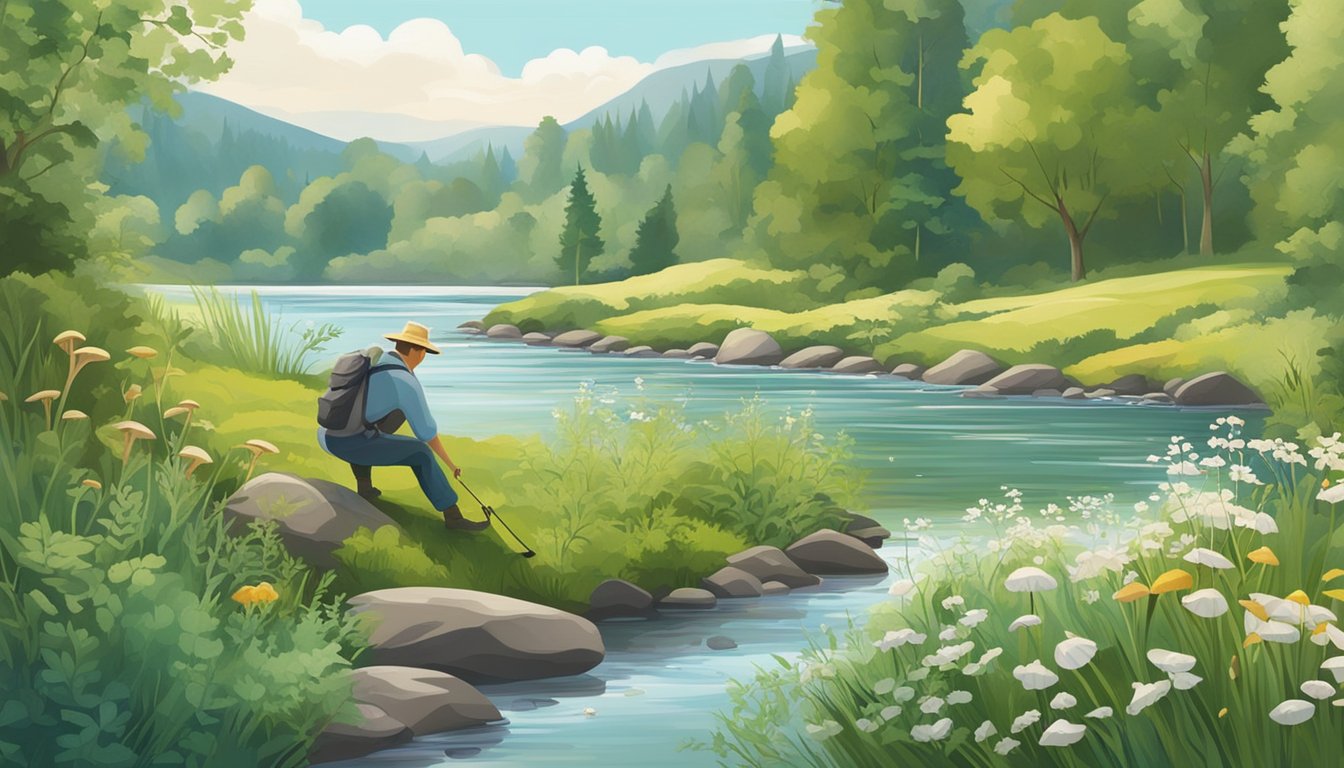 A serene riverbank with a fisherman catching a trout while a forager collects wild herbs and mushrooms nearby. The scene is surrounded by lush greenery and a clear, flowing river