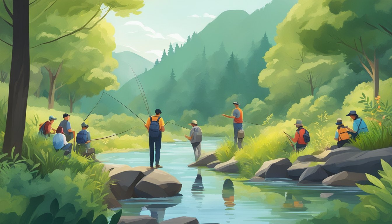 A group of people gather by a river, fishing and foraging for wild edibles, surrounded by lush greenery and wildlife