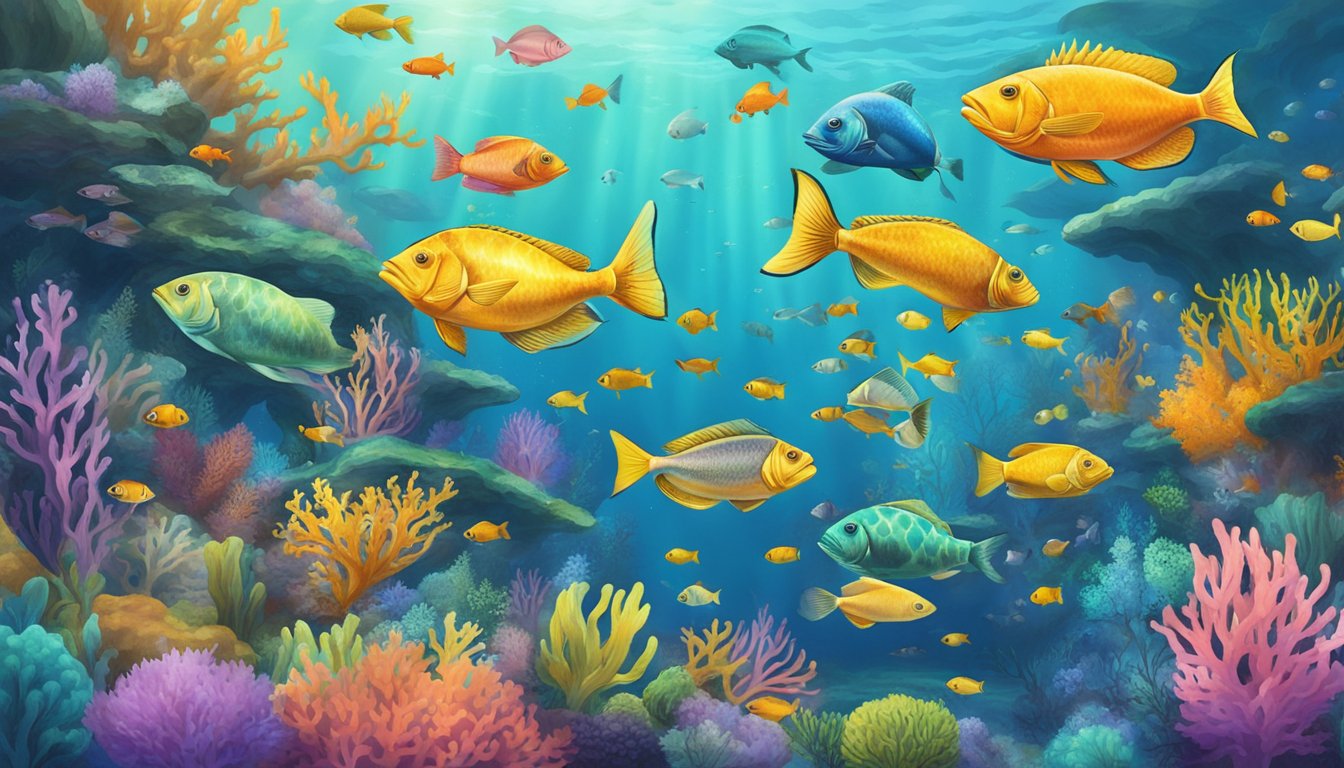 A colorful array of fish species swimming in a vibrant underwater ecosystem, surrounded by coral and seaweed